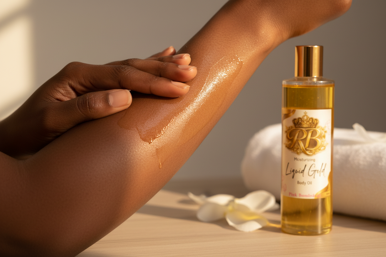 Person with darker skin applying body oil