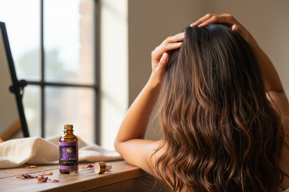 Woman massaging hair growth oil into hair